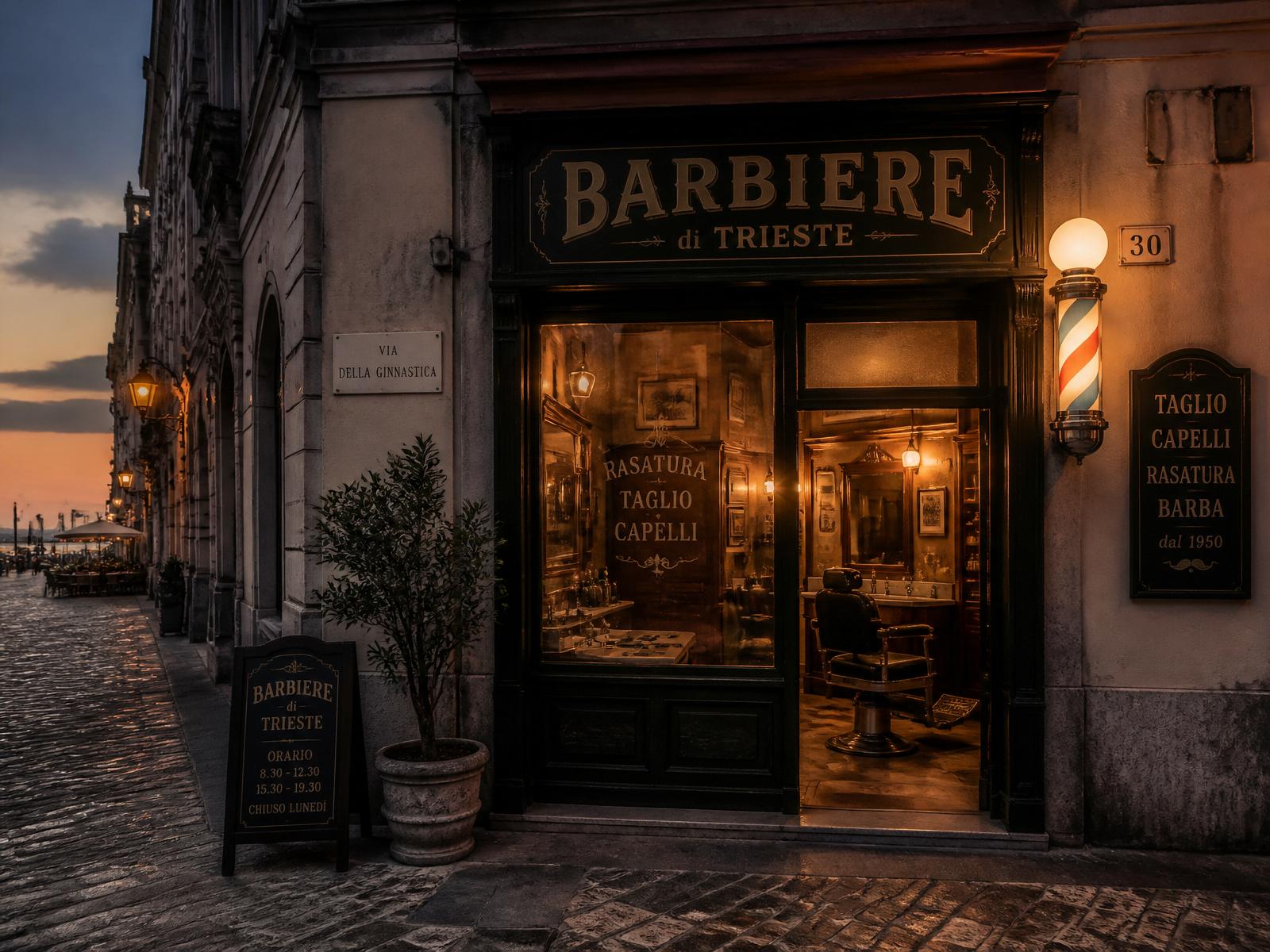 Barbershop storefront in Trieste at dusk